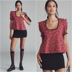 Anthropologie Maeve Red Floral Puff Sleeve Babydoll Top Lace Trim XS
